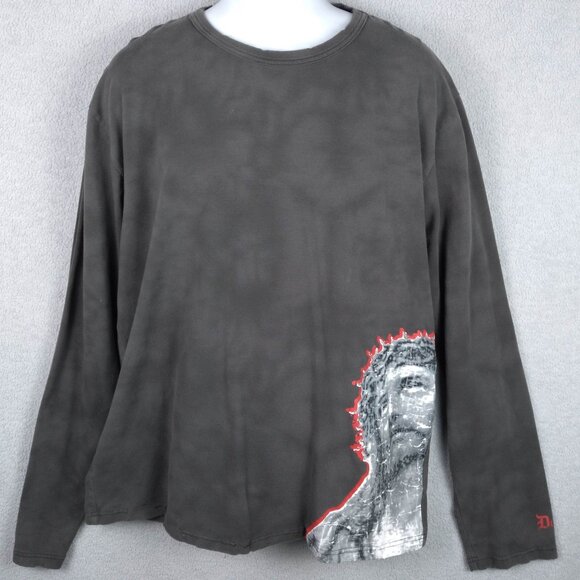 Dragonfly Jesus Graphic Long-Sleeve Tee Distressed Edges XL Cotton Mens Y2K - Picture 1 of 16